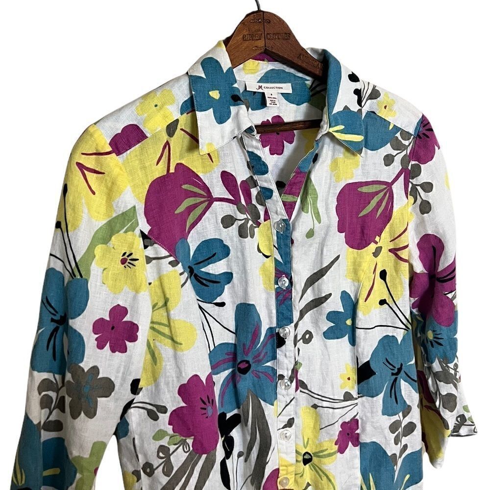JM Collection 100% Linen Floral Button Down Shirt - Picture 3 of 7
